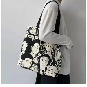 Canvas tote bag for women students large capacity shoulder bag with abstract face art print