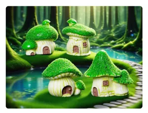 Mini resin mushroom house detail view, cute DIY terrarium and aquarium landscape decor.