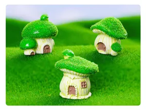Resin miniature mushroom house ornaments for fairy garden decor and fish tank landscaping.