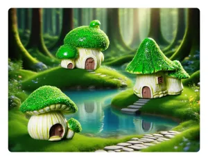 Resin miniature mushroom house detail shot, perfect for fairy garden and fish tank decor.