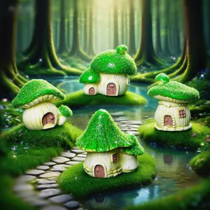 Mini resin mushroom house figurines for fairy garden, fish tank landscaping and desktop decor.