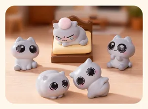 Cute grey cartoon cat figurines set, mini resin animal toys for dollhouse landscape decor.