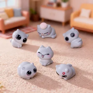 Cute cartoon grey cat miniature figurines set for dollhouse landscaping and home desktop decor