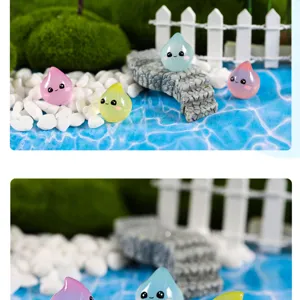 Primo piano di mini gocce d'acqua in resina, accessori DIY luminosi per micro paesaggio.