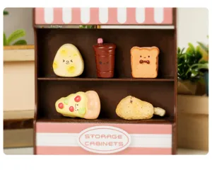 Miniature dollhouse food display cabinet detail, cute resin toy food miniatures for DIY decor.