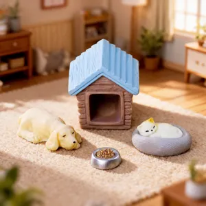 Style Pastoral Mignon Résine Chiot Niche Chat Lit Bol Micro-paysage Miniature Figurine Bureau Jardin DIY Ornement
