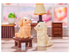 Miniature cute realistic puppy figurines set, detailed resin toy micro landscape display.