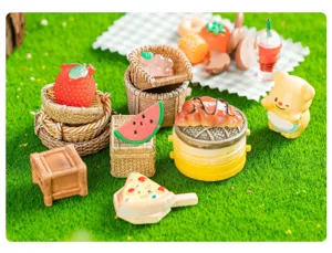 Ensemble miniature en résine de panier en bambou et nourriture pour jardin paysager DIY déco.
