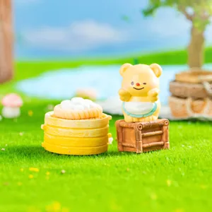 Joli ensemble de figurines d'ours en résine miniature avec panier vapeur pour jardin déco.