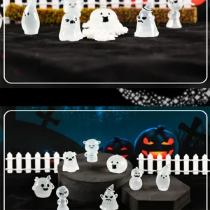 Miniature di fantasmi in resina luminosa di Halloween, teschi di cartoni animati per decorazioni fai-da-te.