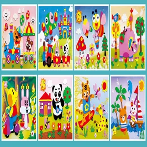 Gedetailleerd overzicht van EVA schuim sticker knutselsetjes met schattige dieren en ontwerpen.