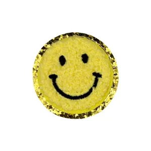 Gelber Smiley Aufnäher mit goldenem Glitzerand, Frottee Stickerei DIY Zubehör für Taschen.