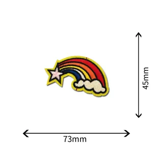 Rainbow shooting star embroidered patch with adhesive backing, size 73x45mm for clothing DIY.