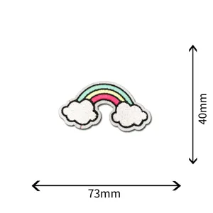 Detailed close-up of the colorful rainbow embroidery patch with dual clouds, showing precise stitch.