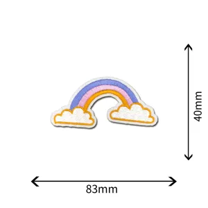 Close-up detail view of colorful rainbow and cloud embroidered patch with precise 83x40mm dimensions.