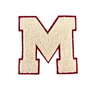 Chenille varsity letter M patch, embroidered off-white badge with dark red border.