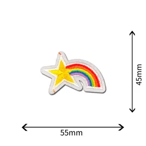 Detailed view of a cute rainbow shooting star embroidered patch, perfect for clothing repair.