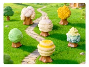 Detailed view of miniature colorful dessert tree ornaments for DIY dollhouse and desk decor.