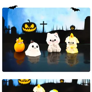 Halloween resin miniature ornaments set, cute ghost cat and candle dog figurines for home decor.