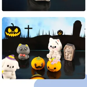 Halloween resin miniature ornament detail, cute cat mummy and pumpkin figures for landscape.
