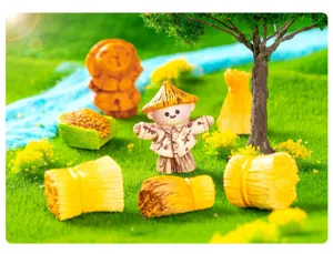 Miniature scarecrow hay bales figurine set for DIY fairy garden landscaping and micro landscape.