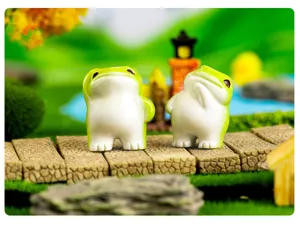 Miniature resin frog ornament detail, cute green frog figurine for micro landscape garden decor.