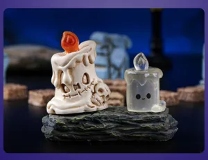 Halloween miniature resin candle ornament detail, spooky ghost decor accessory for snow globe.