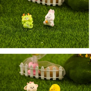 Miniature resin animal figurines close-up, cute zodiac ornaments for moss micro landscape decor.