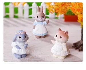 Cute miniature rabbit and cat animal figurines, vintage garden landscape resin desktop decor.