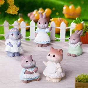 Vintage Pastoral Style Animal Resin Figurine Cute Rabbit Mouse Cat Miniature Ornament Desktop Car Decor
