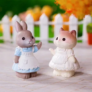 Cute pastoral resin animal figurines pair rabbit and cat for home garden decor and car.