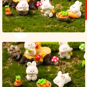 Mini resin rabbit figurines micro landscape DIY accessories cute cartoon animal decor set.