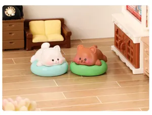Cute miniature sleeping animal figurines with cushions for desktop decor, micro landscape display.