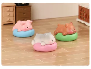 Miniature cute sleeping animal figurine set, resin desktop car decor and micro landscape accessories.