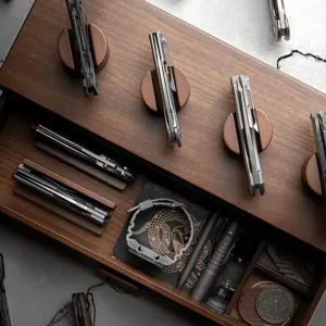 Walnut wood EDC organizer box with knife display stands and drawer storage for men.