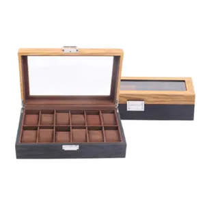 Wooden 12-slot watch box with clear lid and brown velvet interior, ideal jewelry storage.
