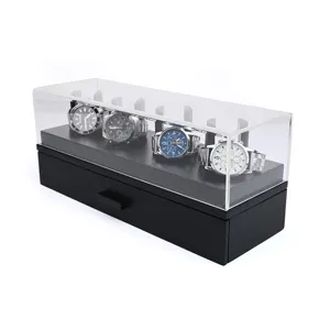 Acrylic watch storage box with drawer display stand for organizing multiple wrist watches.