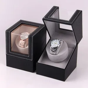 Black PU leather watch winder single slot automatic watch display box with clear glass lid