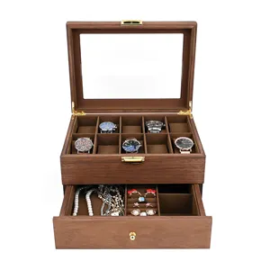Double layer wooden watch box with glass lid and drawer for jewelry storage and display.