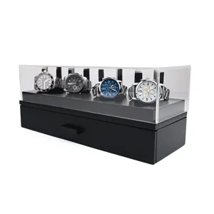 Wooden watch display box with clear acrylic cover and storage drawer for men's watches.