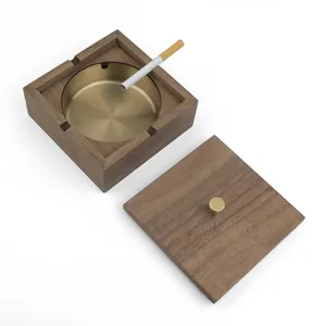 Wooden ashtray with lid, modern creative desktop storage organizer and smoke accessory for home.