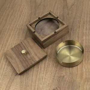 Wooden ashtray with lid and removable metal liner for home office luxury desktop decor accessory