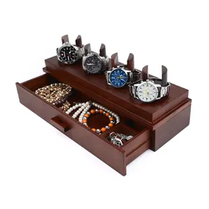 Wooden watch box organizer with jewelry drawer and 4 watch display stands for men and women