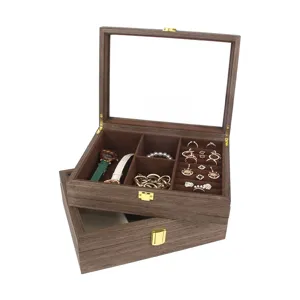 Wooden jewelry box with glass lid, elegant organizer for rings, watches and earrings.