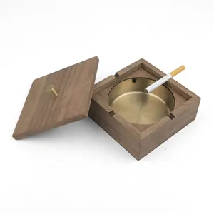 Wooden ashtray with lid and metal inner liner, modern creative desktop smoking accessory main view.