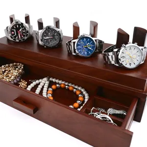 Walnut wooden watch storage box detail view, multi-layer jewelry display stand with drawer and pillows.