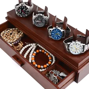 Walnut wood watch and jewelry organizer box with display slots and drawers for accessories.