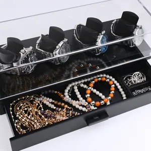 Multifunctional watch and jewelry storage box with clear cover and drawer for daily organization.