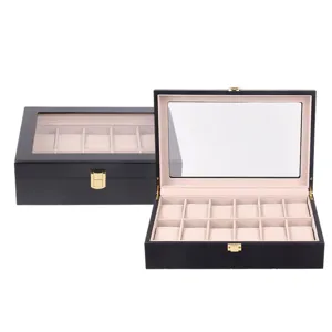Black matte wooden watch box with glass lid, 12 slots display case and storage organizer.