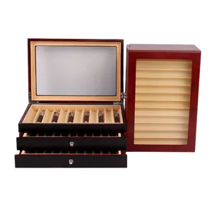 Wooden pen storage box organizer with multi-layer drawers for business office stationery display.